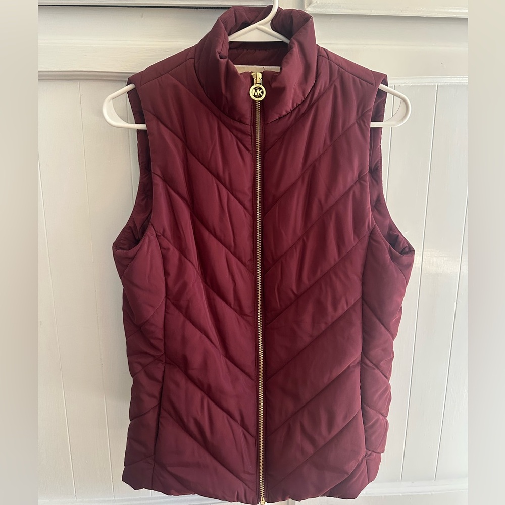 Michael Kors Maroon Quilted Chevron Puffer Vest